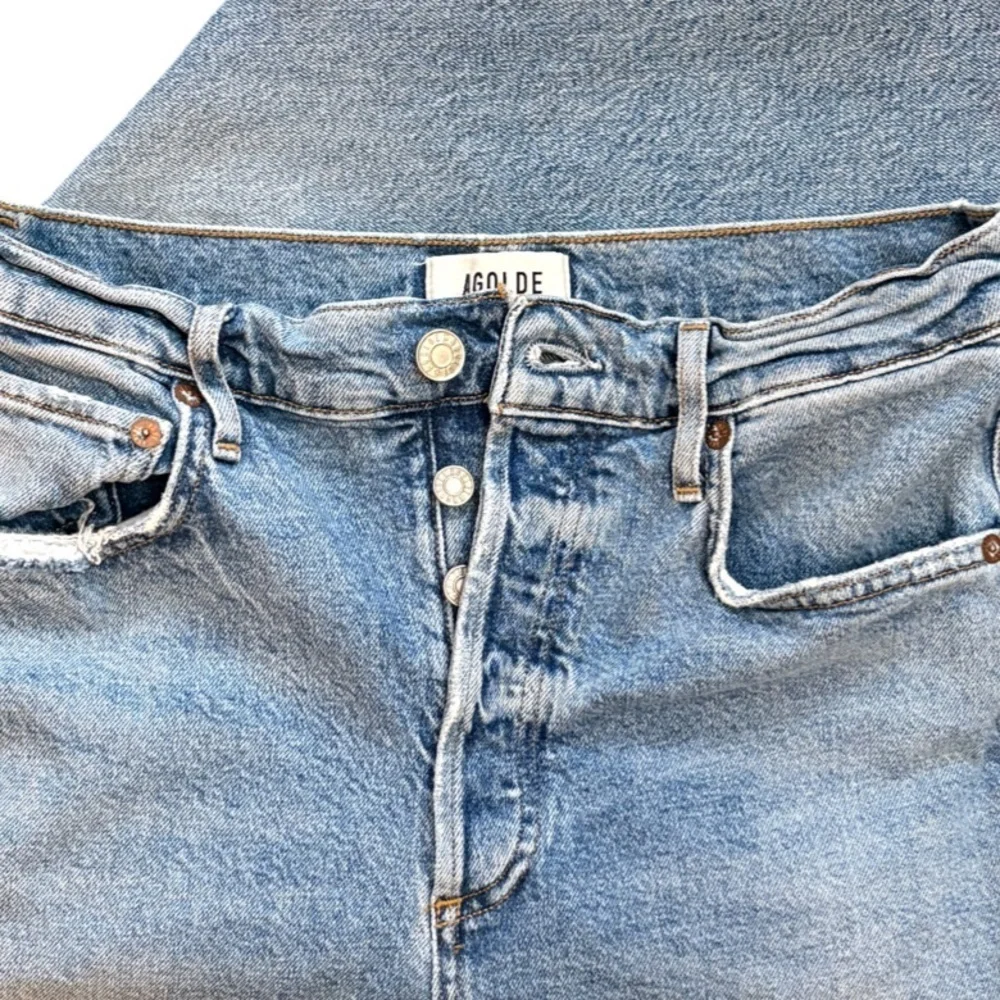 AGOLDE Riley Long High Rise Slim Straight Light Medium Blue Button Fly Size 27 - Picture 9 of 15